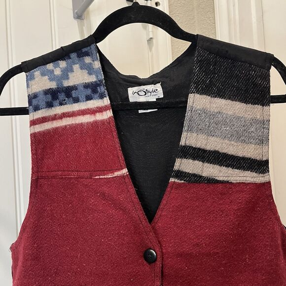 In Style Vtg Aztec Southwestern Western Sleeveless Vest Patchwork Red Black L - Picture 2 of 7